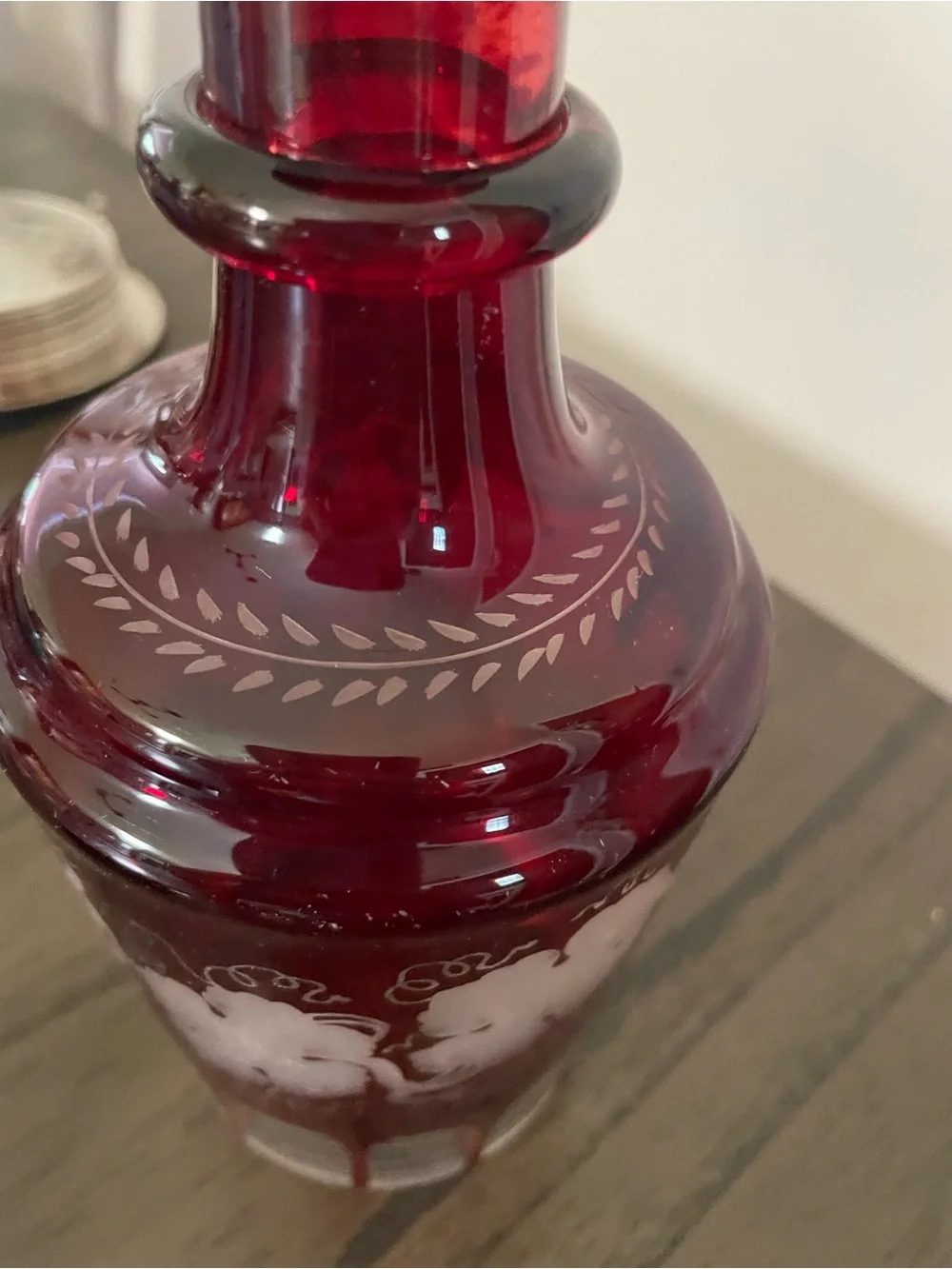 Vintage Ruby Red Etched Glass Decanter with Stopper - Vintage
